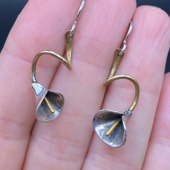 Vtg 925 Sterling Silver Gold Plate Calla Lily Flower Dangle Handmade Earrings - Picture 5 of 8